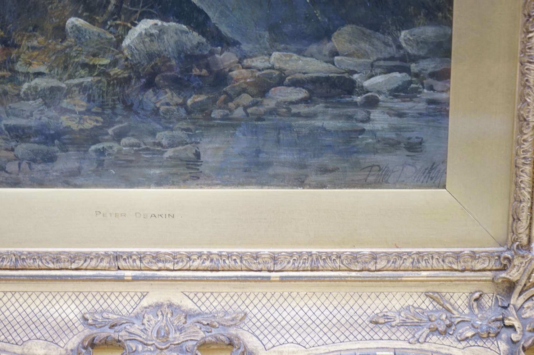 Peter Deakin (1819-1885), oil on canvas, ‘Rocky Pool’, signed, 40 x 29cm, framer's label verso, ornate gilt frame